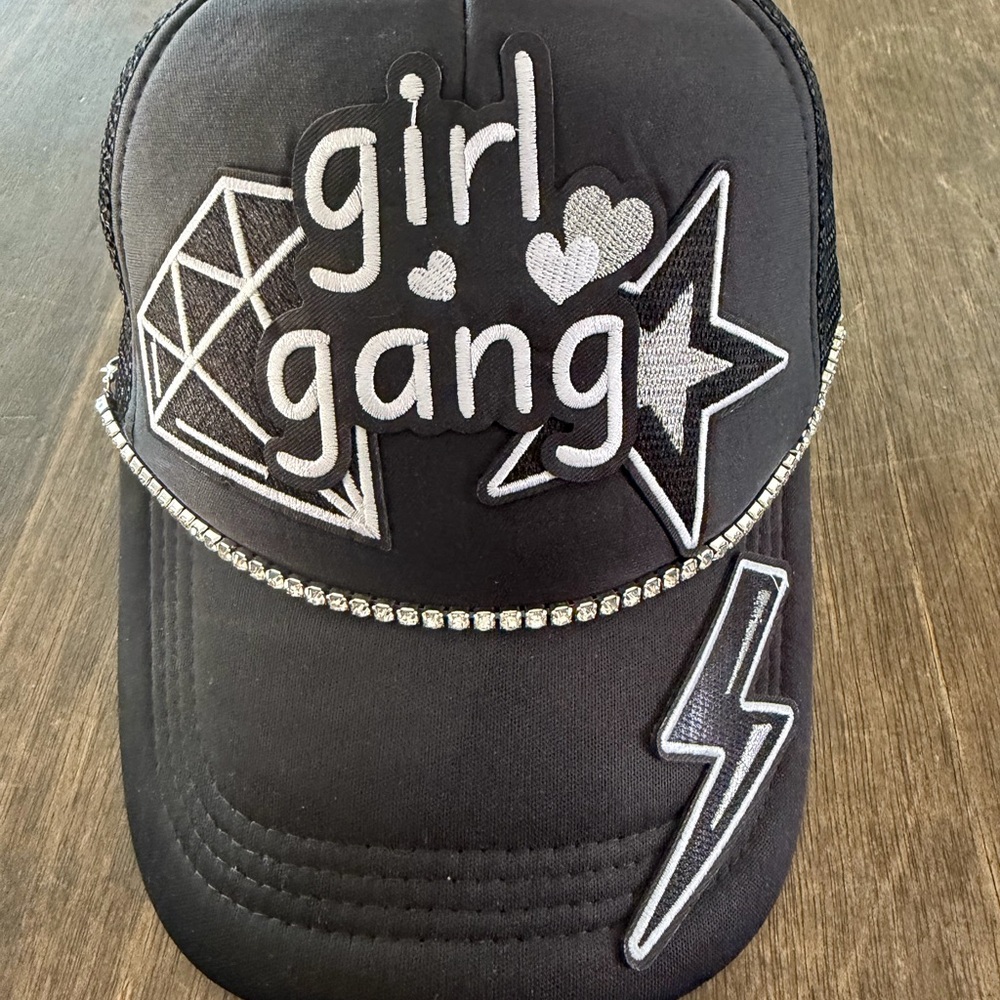 Girl Gang Embroidered Black Cap with Rhinestone Trim